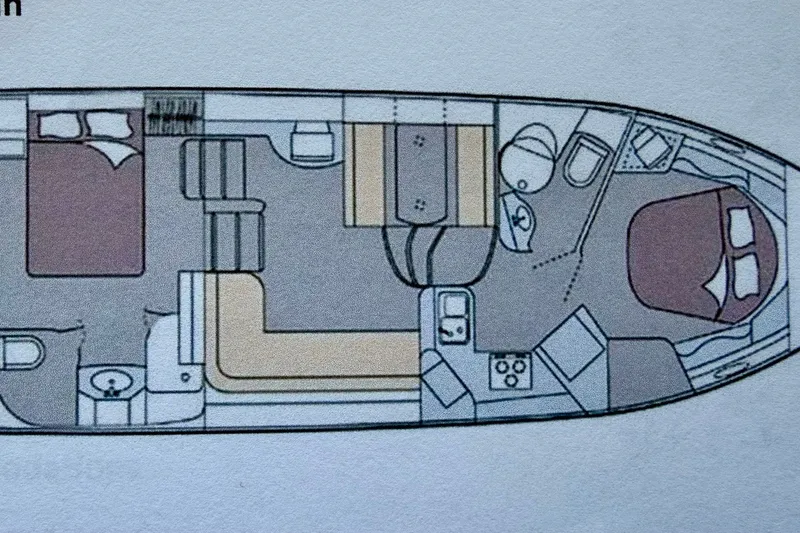 Slide: The Image of Floor plan of a 1997 Maxum 4100 SCA yacht, featuring bedrooms and living areas. - 17