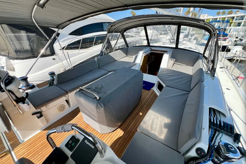 Slide: The Image of Luxurious 2018 Jeanneau 54 yacht cockpit with spacious seating and modern design. - 26