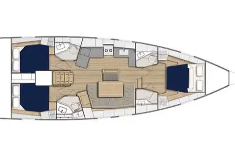 Slide: The Image of Floor plan of 2010 Oceanis 46.1 yacht, featuring cabins, bathrooms, and central living area. - 10