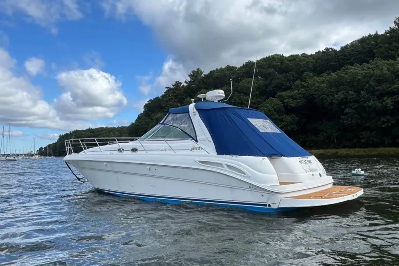 The Image of 2000 Sea Ray 410 Sundancer yacht on water, blue canopy, forested shoreline background. - 0