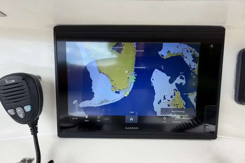 Slide: The Image of Garmin navigation system on 2006 Boston Whaler 270 Outrage boat, displaying coastal map. - 22