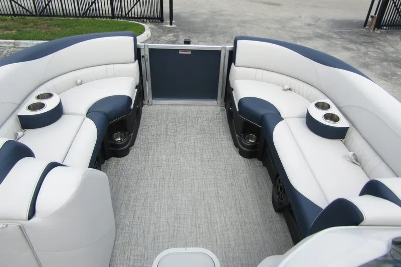 Slide: The Image of Luxurious interior of 2026 Tahoe Pontoon LTZ Versatile Rear Bench Wind Shield 23. - 9