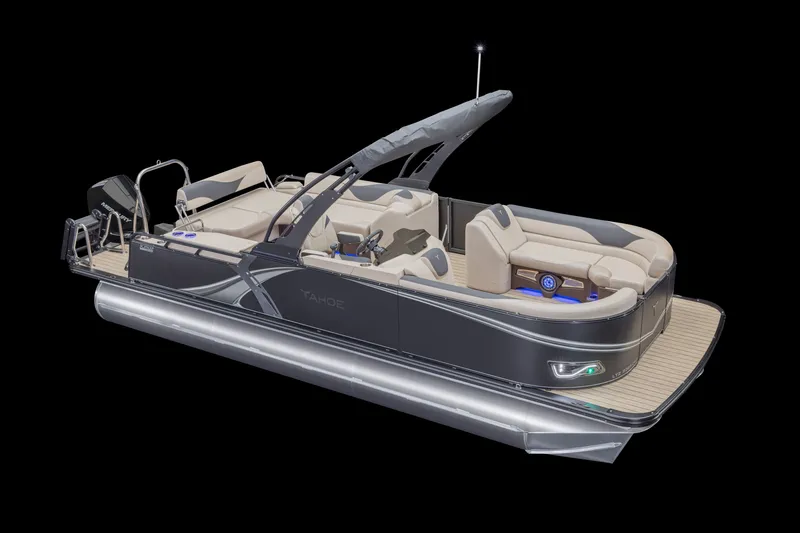 Slide: The Image of 2026 Tahoe Pontoon LTZ Versatile Rear Bench Wind Shield 23, luxury pontoon boat design. - 3