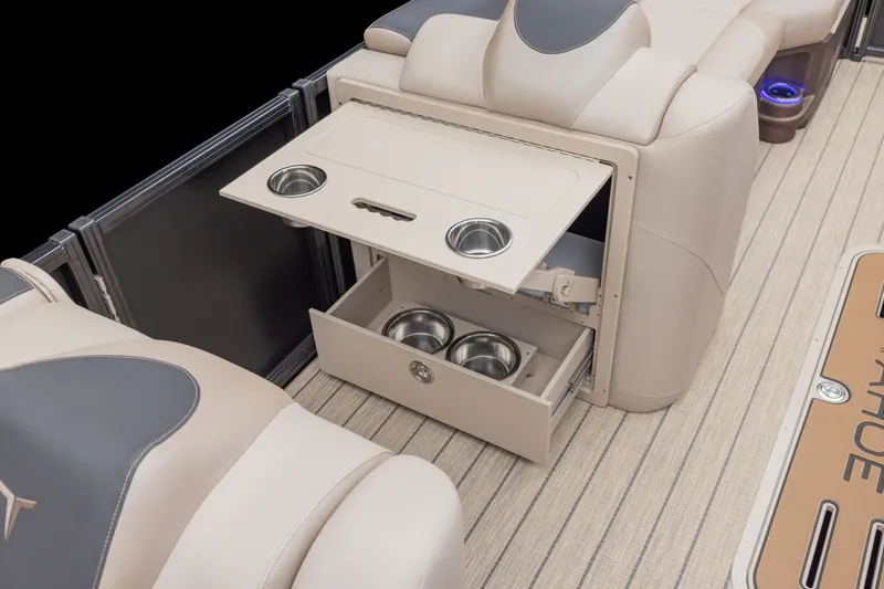 Slide: The Image of 2026 Tahoe Pontoon LTZ Versatile Rear Bench with storage and cup holders. - 8