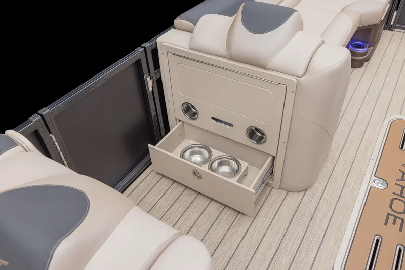 Slide: The Image of 2026 Tahoe Pontoon LTZ Versatile Rear Bench with storage drawer and cup holders. - 7