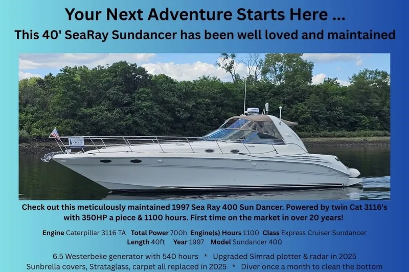 Slide: The Image of 1997 Sea Ray Sundancer 400 yacht on water, well-maintained, ready for adventure. - 6