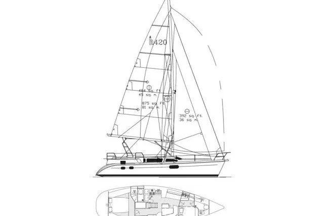 Slide: The Image of Line drawing of a 2001 Hunter 420 sailboat with detailed interior layout. - 97
