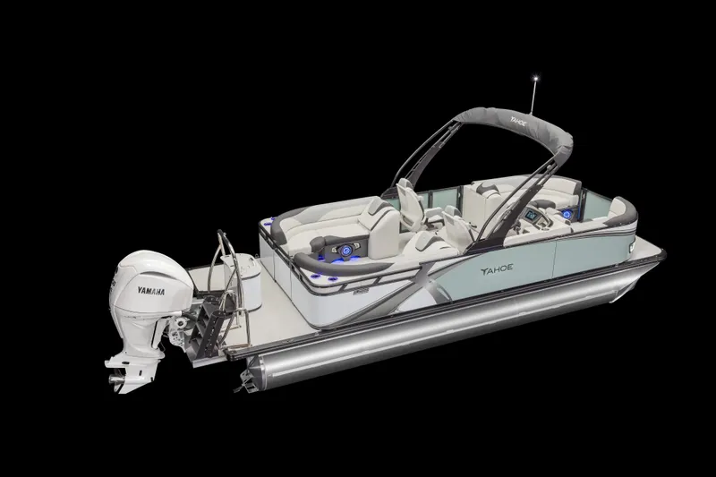Slide: The Image of 2026 Tahoe Pontoon LTZ Quad Lounger Shift 23 with Yamaha engine, sleek design. - 2