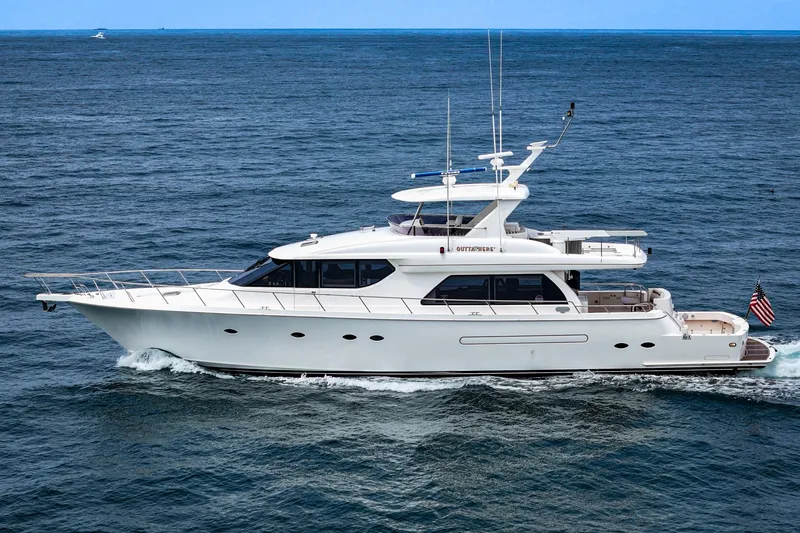 Slide: The Image of A luxurious white yacht cruising on the sea, featuring multiple decks and an American flag. - 2