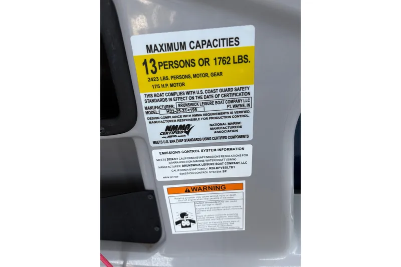 Slide: The Image of 2024 Harris Cruiser 230 capacity label, maximum 13 persons or 1762 lbs, safety compliance details. - 9