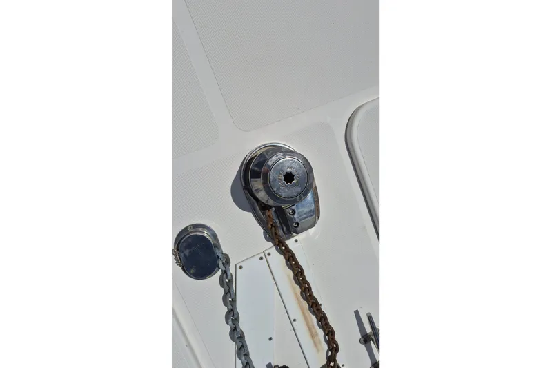 Slide: The Image of Anchor windlass on 2005 Endeavour 44 TrawlerCat boat deck. - 71