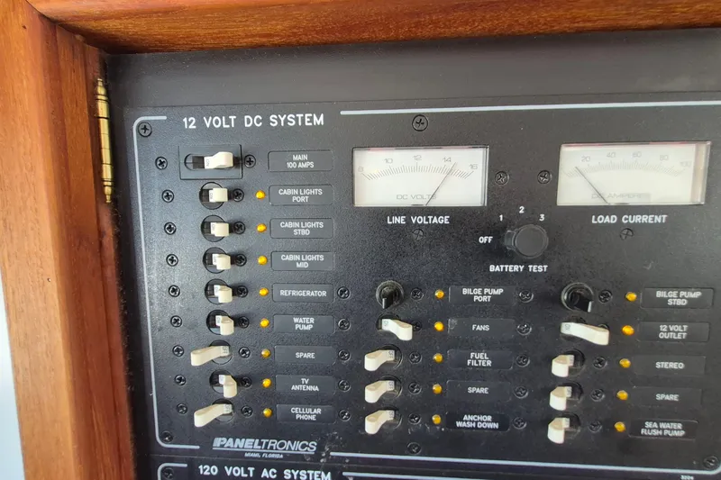 Slide: The Image of Electrical panel of 2005 Endeavour 44 TrawlerCat, featuring 12-volt DC system controls. - 80
