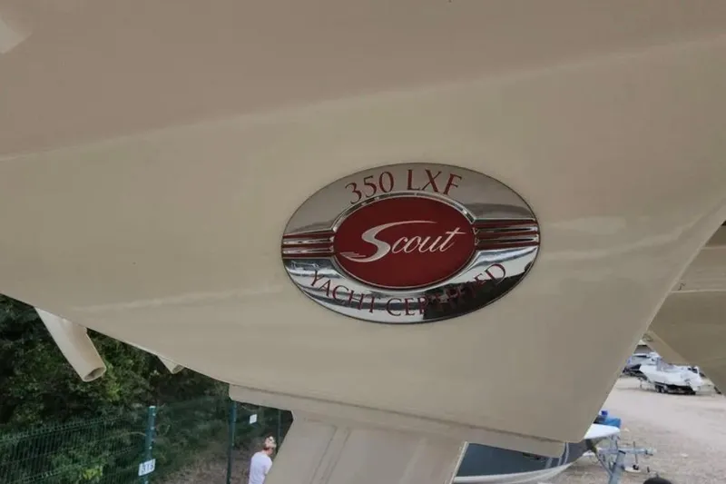 Slide: The Image of 2017 Scout 350 LXF yacht emblem, showcasing model and certification details. - 76