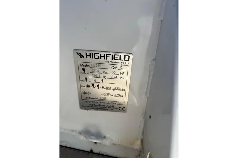Slide: The Image of Highfield aluminum boat specification plate on Kadey-Krogen 44 Walk Around, 2008 model. - 20