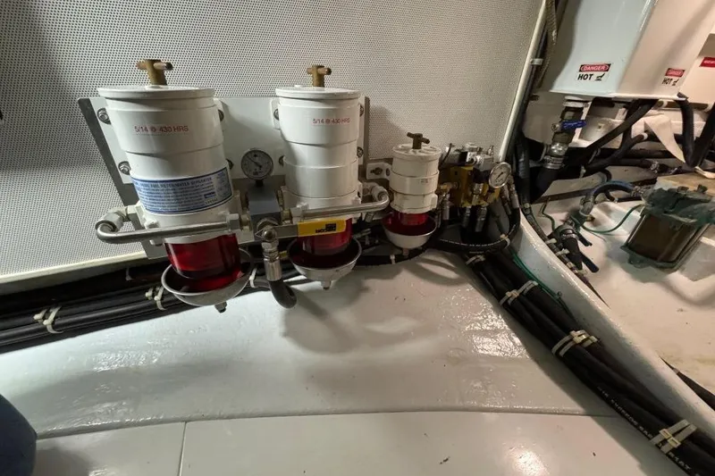 Slide: The Image of Engine room of 2008 Kadey-Krogen 44 Walk Around with fuel filtration system. - 58