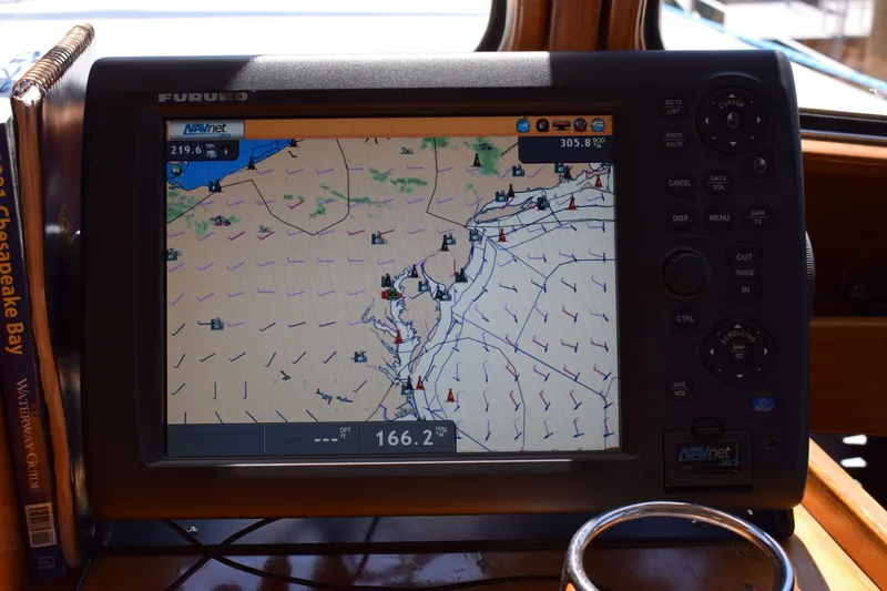 Slide: The Image of Navigation system on 1980 Cheoy Lee 52 Motorsailer displaying nautical chart. - 49