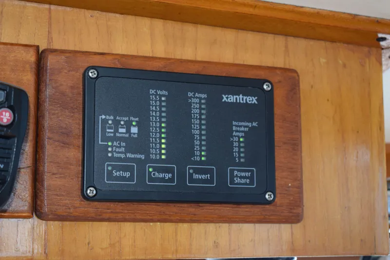 Slide: The Image of Xantrex power control panel on 1980 Cheoy Lee 52 Motorsailer, displaying voltage and amperage. - 45
