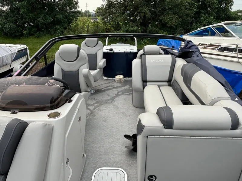 Slide: The Image of 2021 Sylvan L3PF TRITOON with gray upholstery and spacious deck. - 10