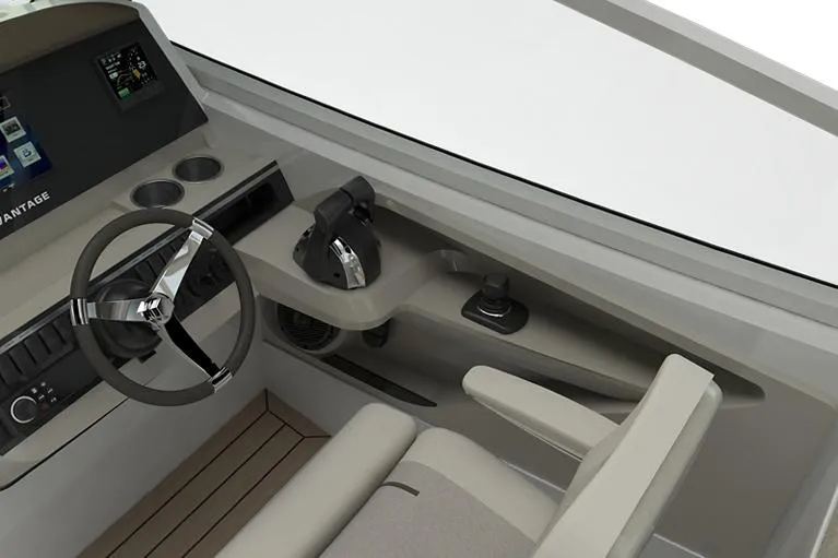 Slide: The Image of Manufacturer Provided Image: 2026 Boston Whaler 280 Vantage helm with steering wheel, controls, and modern dashboard. - 19