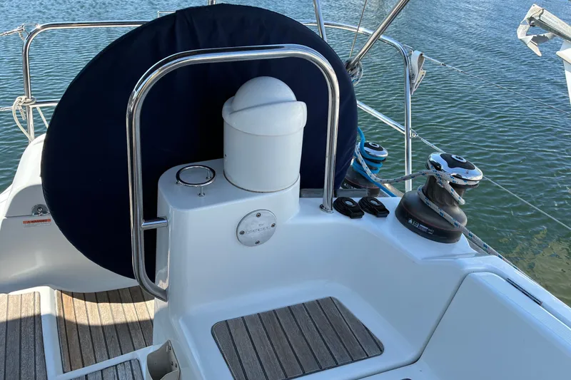 Slide: The Image of Cockpit of 2010 Jeanneau Sun Odyssey 42 DS sailboat with winches and steering wheel. - 17