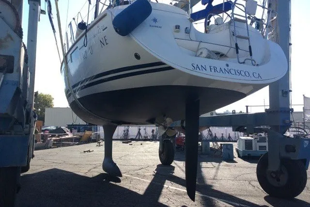 Slide: The Image of 2010 Jeanneau Sun Odyssey 42 DS sailboat in dry dock, San Francisco, CA. - 26