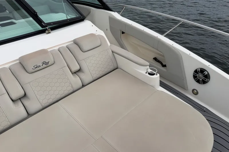 Slide: The Image of Luxurious seating on 2020 Sea Ray Sundancer 320 Coupe Outboard, featuring elegant design and comfort. - 30