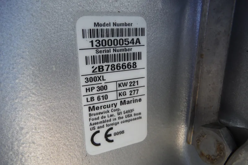 Slide: The Image of Label on Mercury Marine engine, model 300XL, 300 HP, for Boston Whaler 240 Vantage 2021. - 49