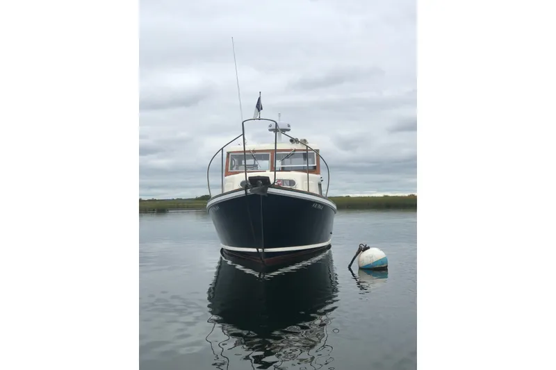 The Image of Front view of a 1970 Dyer 29 boat anchored on calm water. - 1