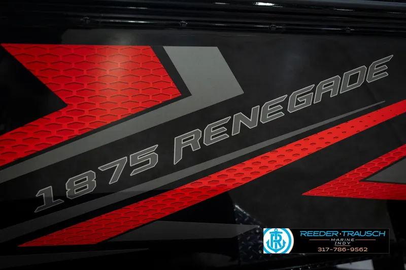 Slide: The Image of 2026 Lund 1875 Renegade boat graphic with red and gray design elements. - 60
