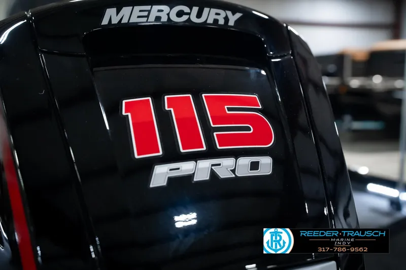 Slide: The Image of Mercury 115 Pro engine on 2026 Lund 1875 Renegade boat, Reeder-Trausch Marine logo visible. - 54