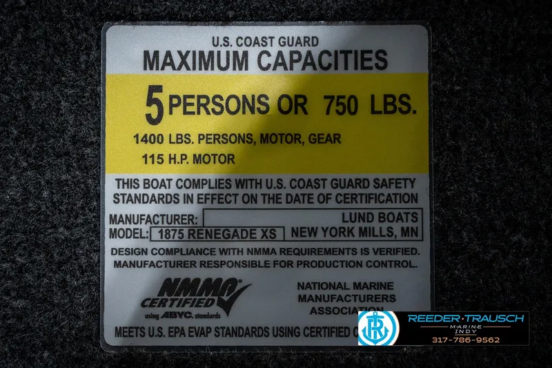 Slide: The Image of 2026 Lund 1875 Renegade boat capacity label, 5 persons or 750 lbs, 115 HP motor. - 67
