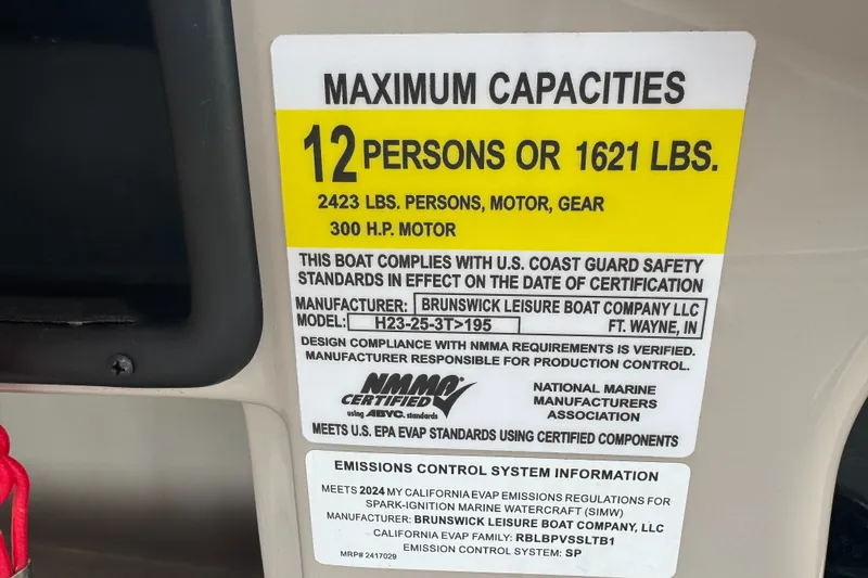 Slide: The Image of 2024 Harris Breeze 230 capacity label: 12 persons, 1621 lbs, 300 HP motor. - 8