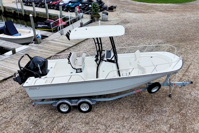 The Image of 2027 Boston Whaler 210 Montauk boat on trailer at marina dockside. - 0