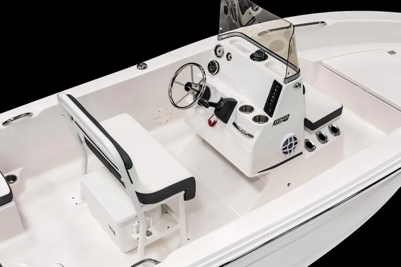 Slide: The Image of Manufacturer Provided Image: 2026 Robalo R160 Center Console boat interior with steering wheel and seating. - 5