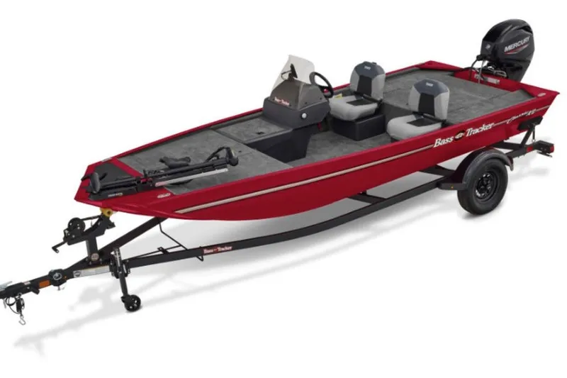 The Image of 2027 Tracker Bass Tracker Classic XL fishing boat, red with dual seats and trailer. - 1