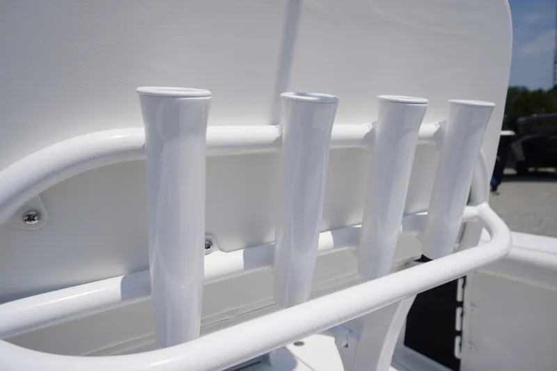 Slide: The Image of 2027 Tidewater 256 LXF boat rod holders in white, close-up view. - 51