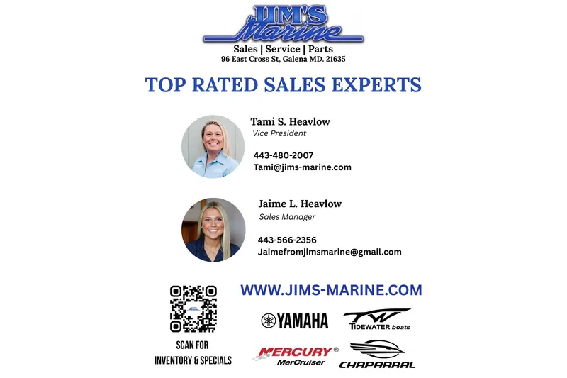 Slide: The Image of Jim's Marine sales experts with contact info, featuring Tidewater 256 LXF, 2026 model. - 84