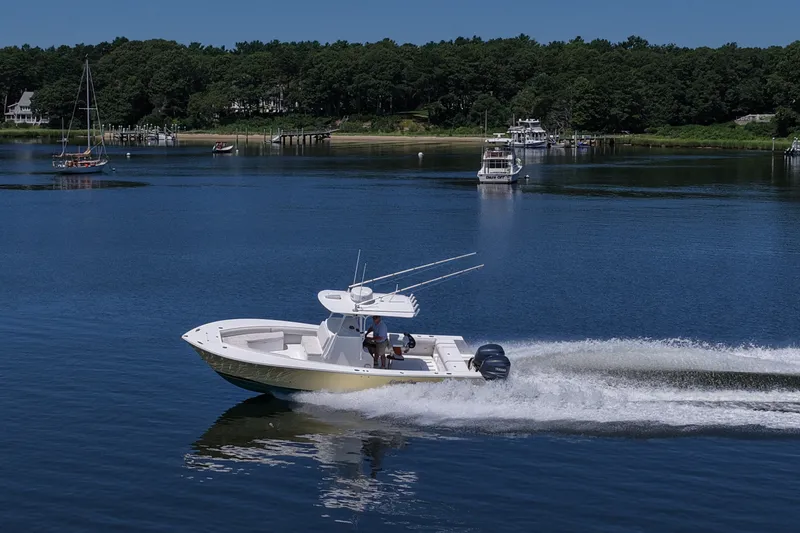 Slide: The Image of 2007 Regulator 29 Forward Seating boat cruising on a serene lake with lush green surroundings. - 33
