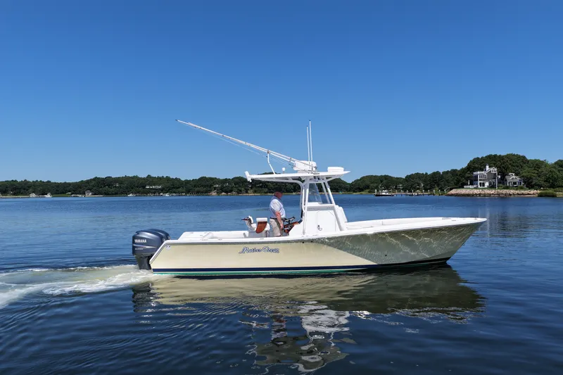 Slide: The Image of 2007 Regulator 29 Forward Seating boat cruising on a calm lake under clear blue skies. - 17