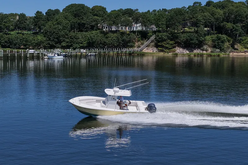 Slide: The Image of 2007 Regulator 29 Forward Seating boat cruising on a serene lake with lush green shoreline. - 31