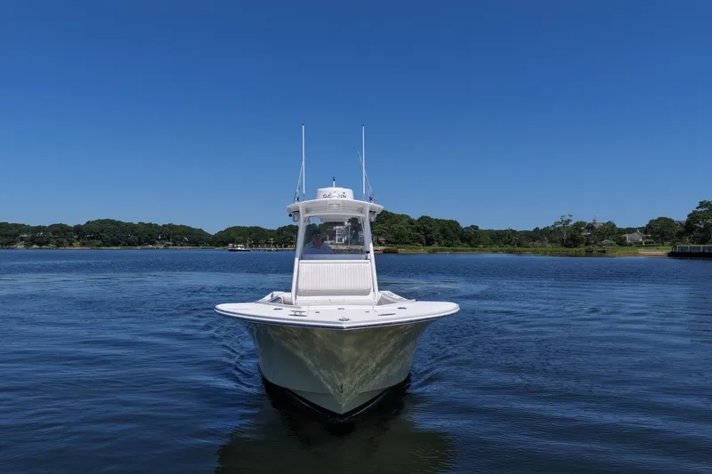 Slide: The Image of 2007 Regulator 29 Forward Seating boat on calm water under clear blue sky. - 23