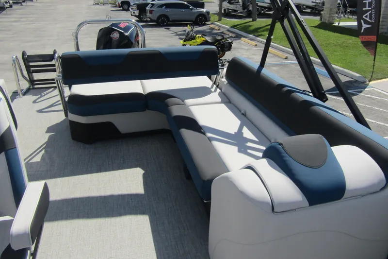 Slide: The Image of 2026 Tahoe Pontoon LTZ Cruise Rear Bench 23 with spacious seating and modern design. - 23