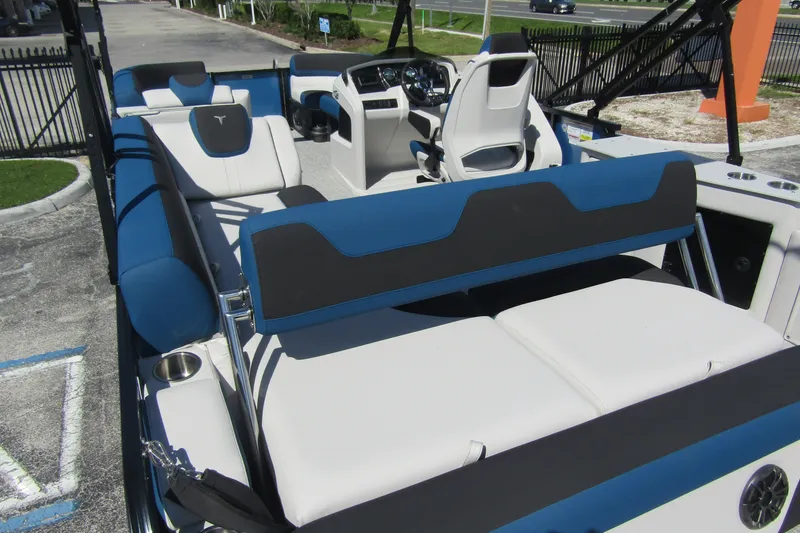 Slide: The Image of 2026 Tahoe Pontoon LTZ Cruise Rear Bench 23 with luxurious seating and modern design. - 34