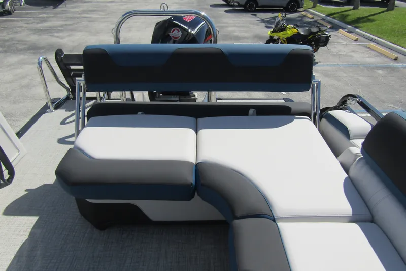 Slide: The Image of 2026 Tahoe Pontoon LTZ Cruise Rear Bench 23 with luxurious seating and sleek design. - 26