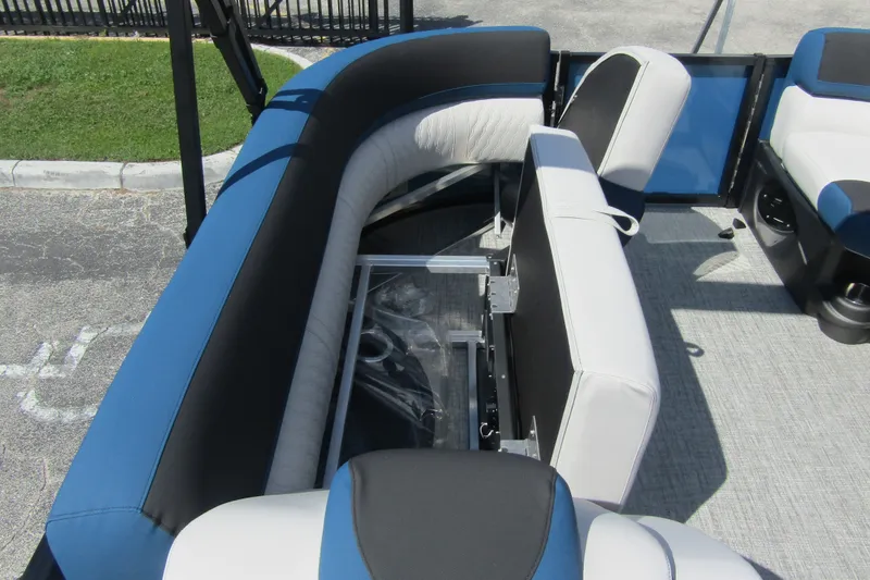 Slide: The Image of 2026 Tahoe Pontoon LTZ Cruise Rear Bench 23 interior seating detail. - 14
