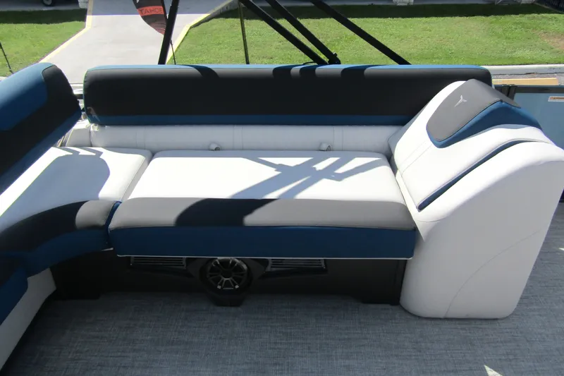 Slide: The Image of 2026 Tahoe Pontoon LTZ Cruise Rear Bench 23 with stylish seating and speaker system. - 24
