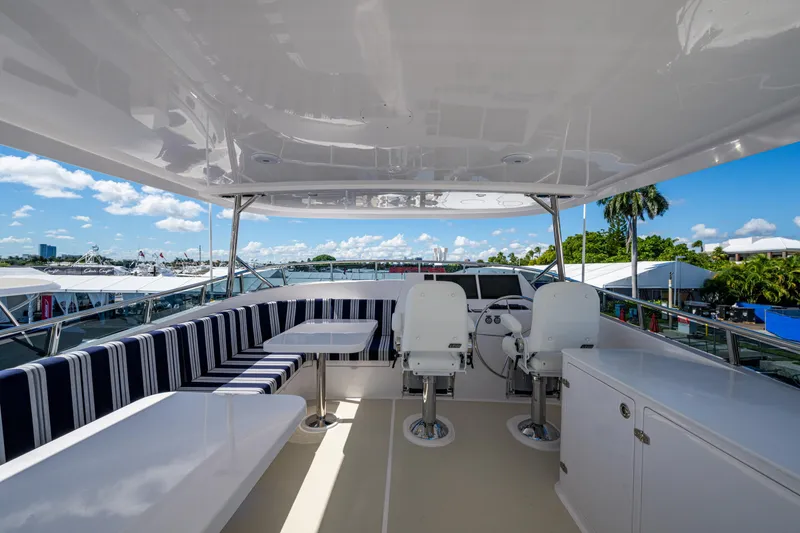 Slide: The Image of Spacious deck of 2026 Kadey-Krogen 60 Open yacht with seating and helm chairs. - 90