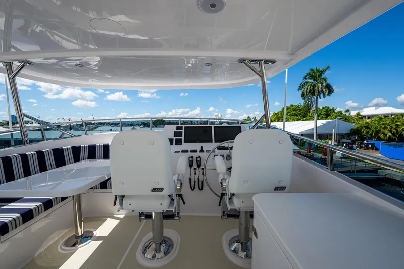 Slide: The Image of Flybridge of 2026 Kadey-Krogen 60 Open yacht with helm chairs and panoramic view. - 89