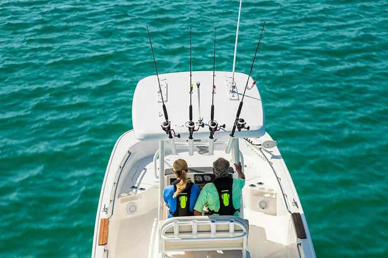 Slide: The Image of Manufacturer Provided Image: 2023 Boston Whaler 210 Montauk boat on water, aerial view with fishing rods. - 17