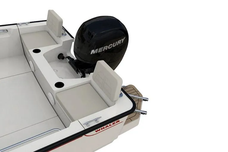 Slide: The Image of Manufacturer Provided Image: 2026 Boston Whaler 190 Montauk boat with Mercury engine, rear seating, and storage. - 15